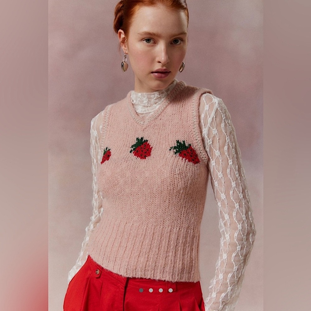 Strawberry Embroidered Pink Sweater Vest